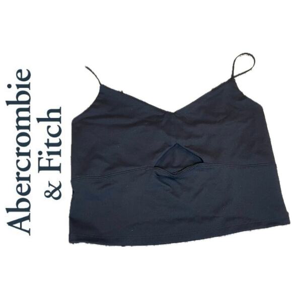ABERCROMBIE & FITCH BLACK CROPPED TANK TOP V NECKLINE CUTOUT DETAIL CENTER SZ M - Picture 1 of 7